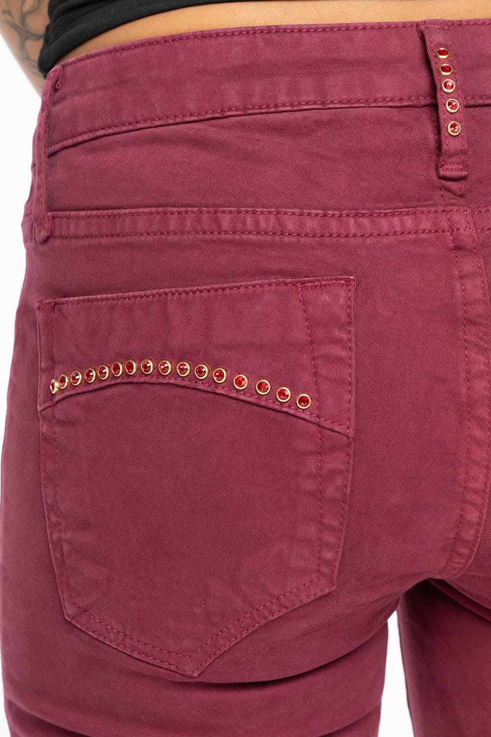 JANE MID RISE WOMENS SKINNY JEANS IN SANGRIA WASH WITH RED CRYSTALS