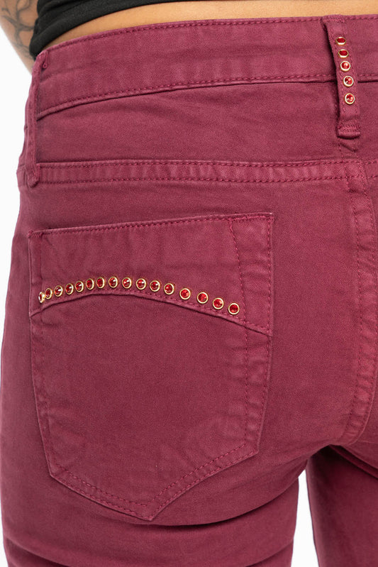 JANE MID RISE WOMENS SKINNY JEANS IN SANGRIA WASH WITH RED CRYSTALS