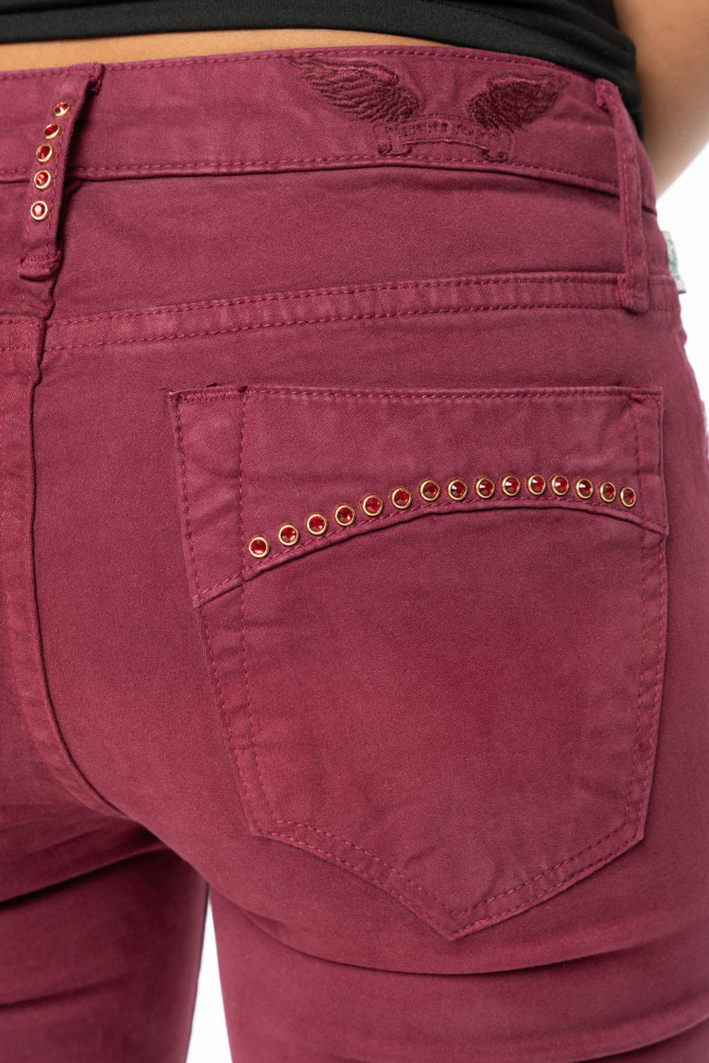 JANE MID RISE WOMENS SKINNY JEANS IN SANGRIA WASH WITH RED CRYSTALS