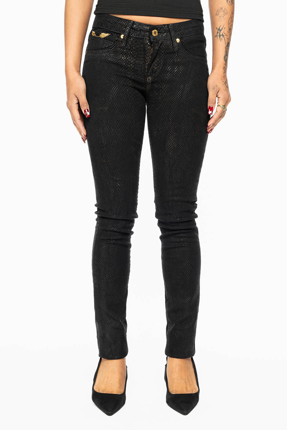 JANE MID RISE WOMENS SKINNY JEANS IN LIZARD BLACK