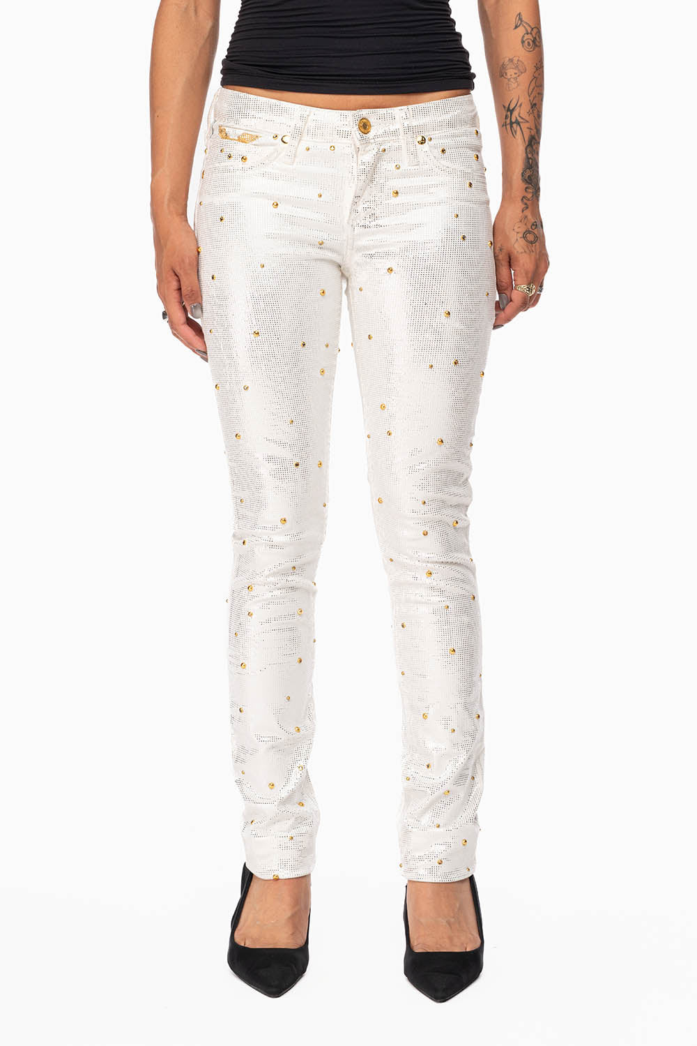 JANE MID RISE WOMENS SKINNY JEANS IN DISCO WHITE  COATING WITH  GOLD STUDS &  CRYSTALS ALL OVER