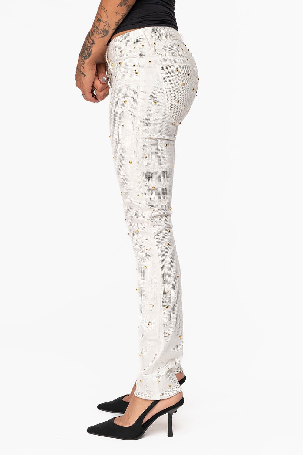 JANE MID RISE WOMENS SKINNY JEANS IN DISCO WHITE  COATING WITH  GOLD STUDS &  CRYSTALS ALL OVER