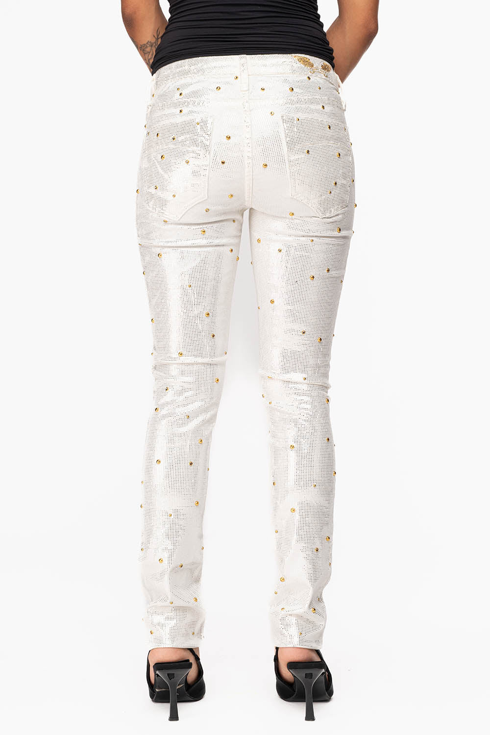 JANE MID RISE WOMENS SKINNY JEANS IN DISCO WHITE  COATING WITH  GOLD STUDS &  CRYSTALS ALL OVER
