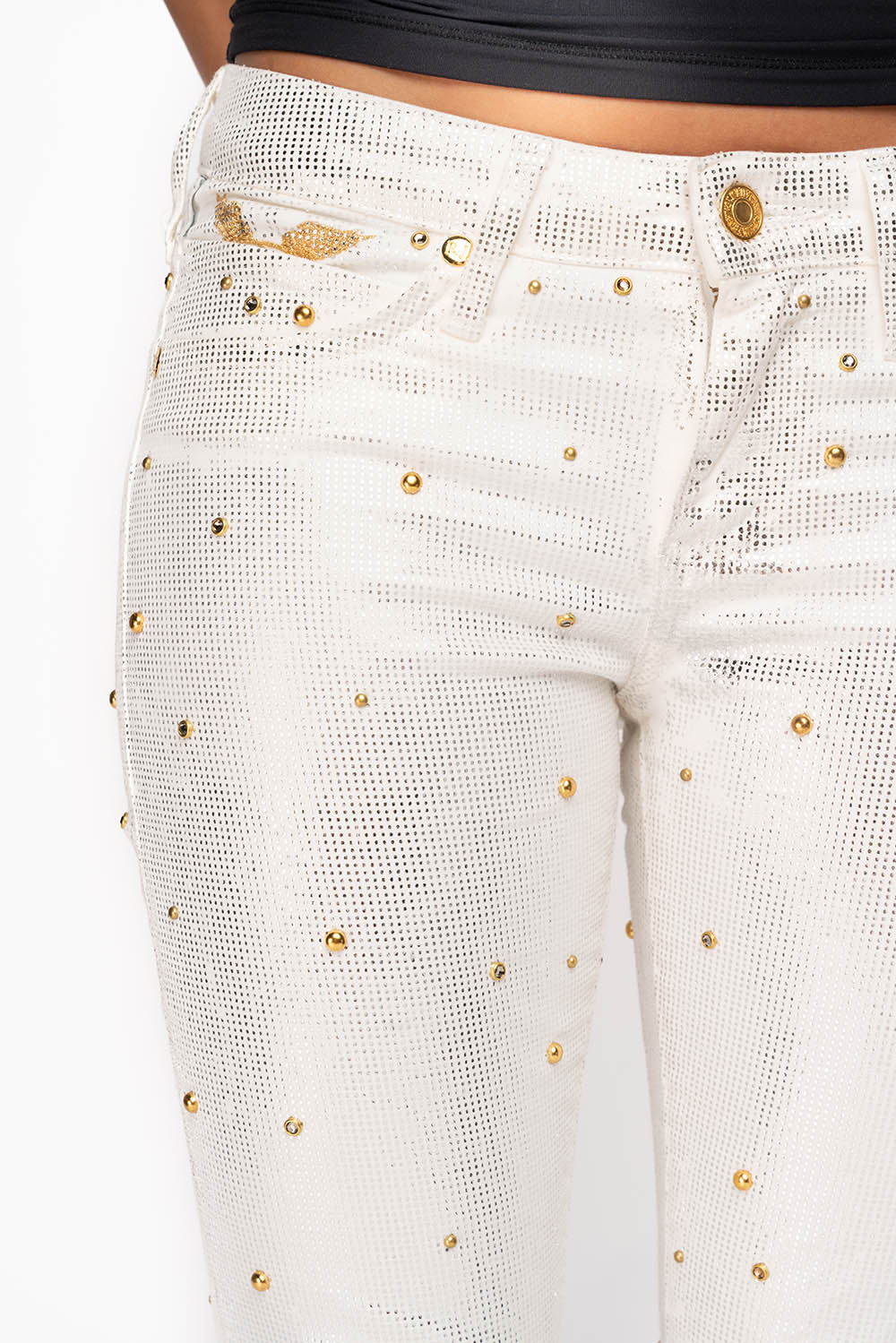 JANE MID RISE WOMENS SKINNY JEANS IN DISCO WHITE  COATING WITH  GOLD STUDS &  CRYSTALS ALL OVER