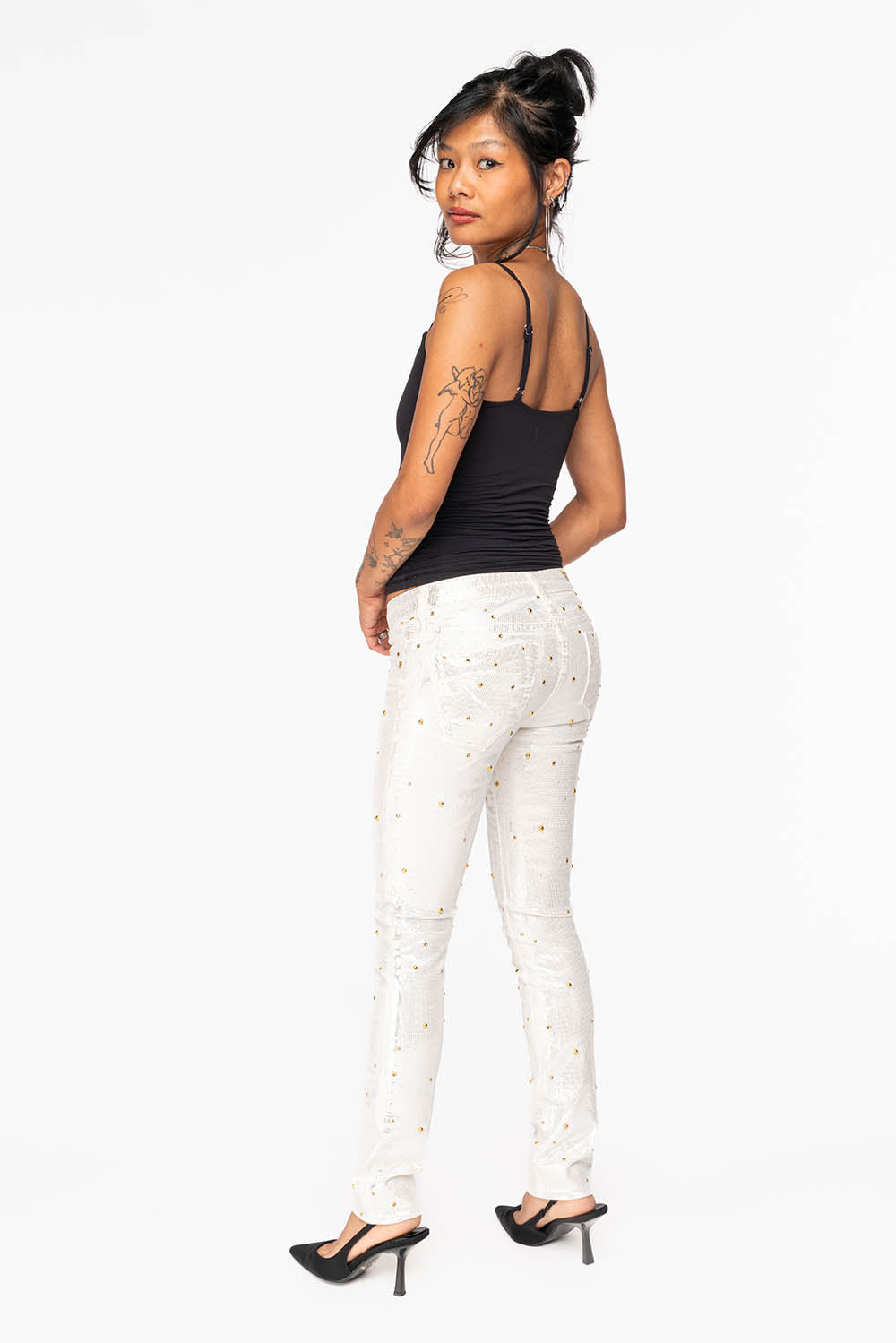JANE MID RISE WOMENS SKINNY JEANS IN DISCO WHITE  COATING WITH  GOLD STUDS &  CRYSTALS ALL OVER