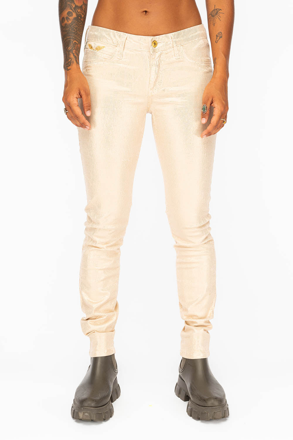 MID RISE WOMENS SKINNY JEANS IN BEIGE DISCO COATING