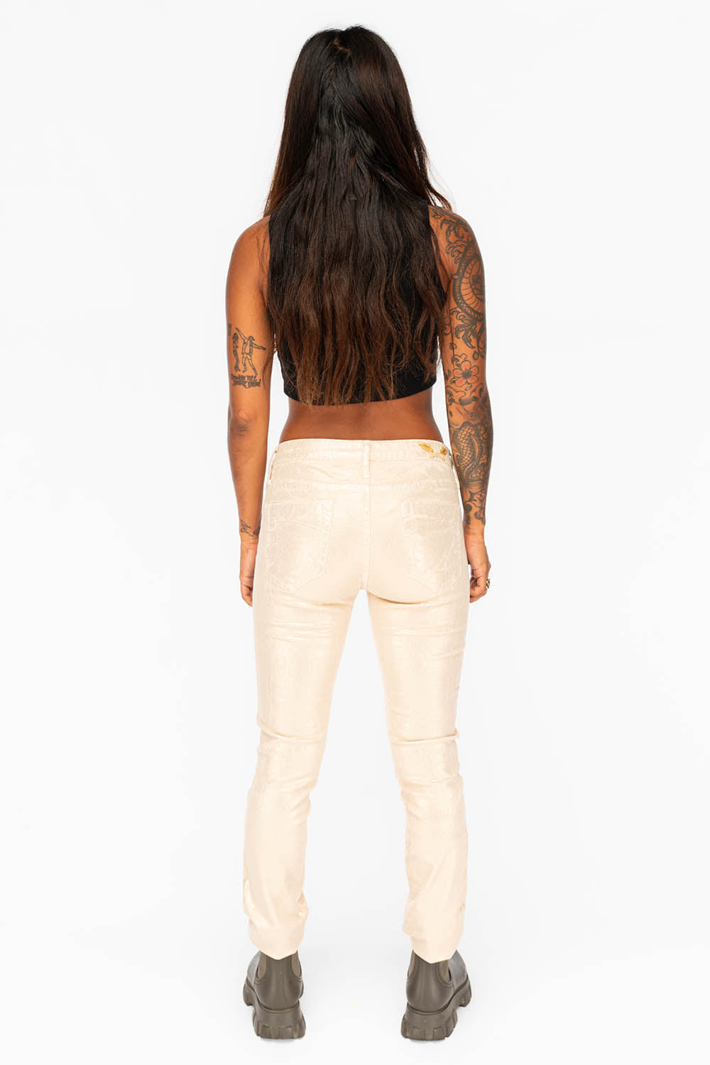 MID RISE WOMENS SKINNY JEANS IN BEIGE DISCO COATING