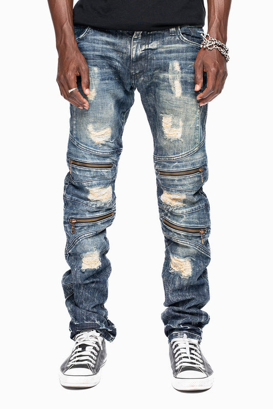 MENS BIKER JEANS WITH FLAP IN 4D DARK BROKEN BACKING  EMBELLISHED WITH CRYSTALS