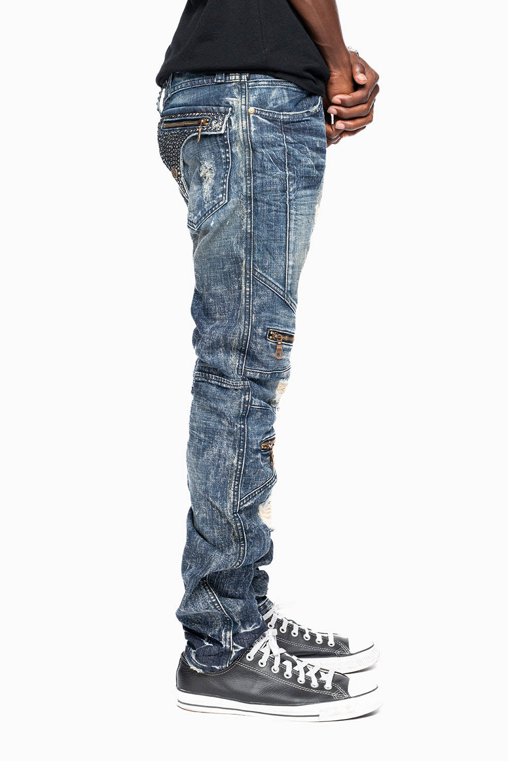 MENS BIKER JEANS WITH FLAP IN 4D DARK BROKEN BACKING  EMBELLISHED WITH CRYSTALS