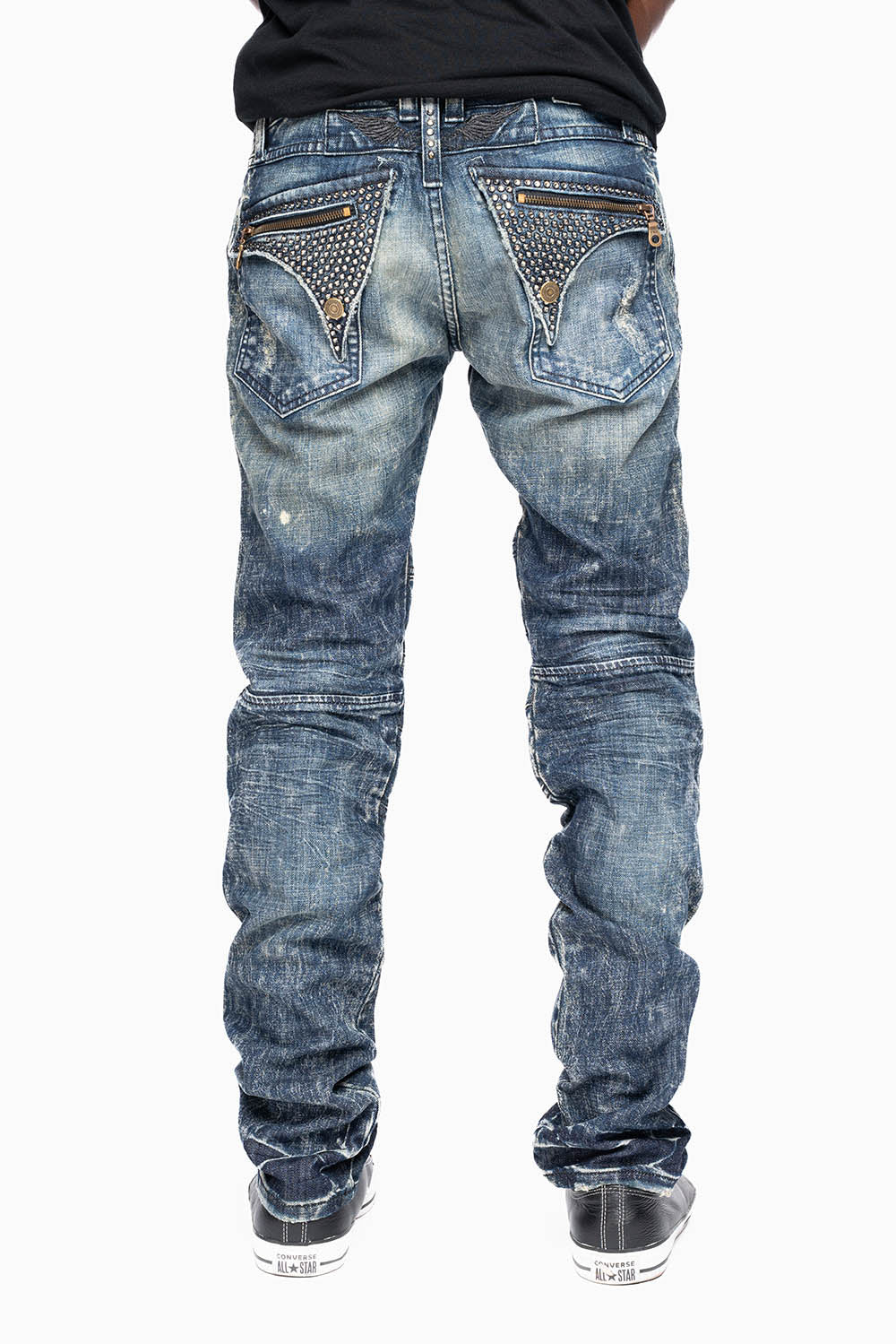 MENS BIKER JEANS WITH FLAP IN 4D DARK BROKEN BACKING  EMBELLISHED WITH CRYSTALS