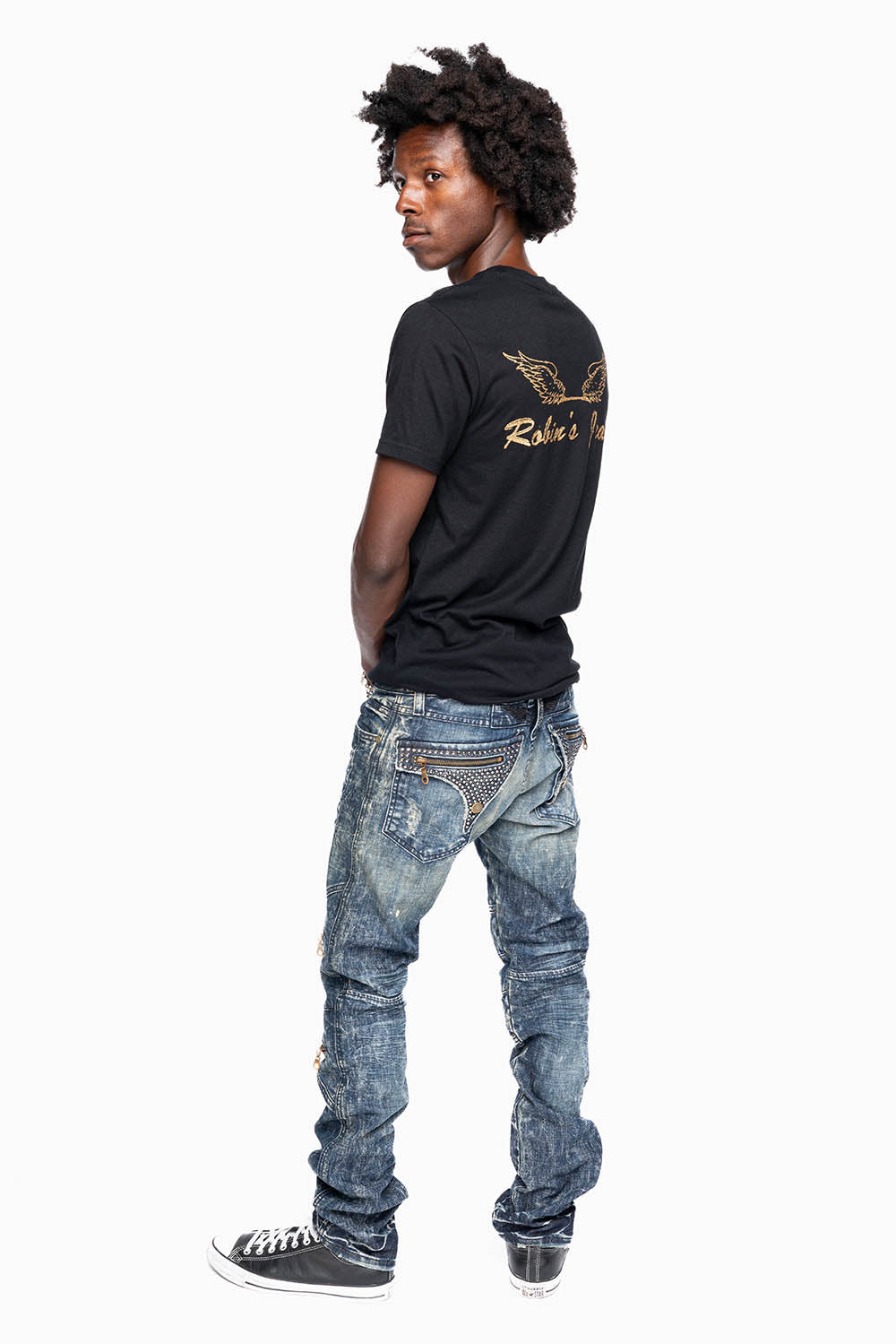 MENS BIKER JEANS WITH FLAP IN 4D DARK BROKEN BACKING  EMBELLISHED WITH CRYSTALS