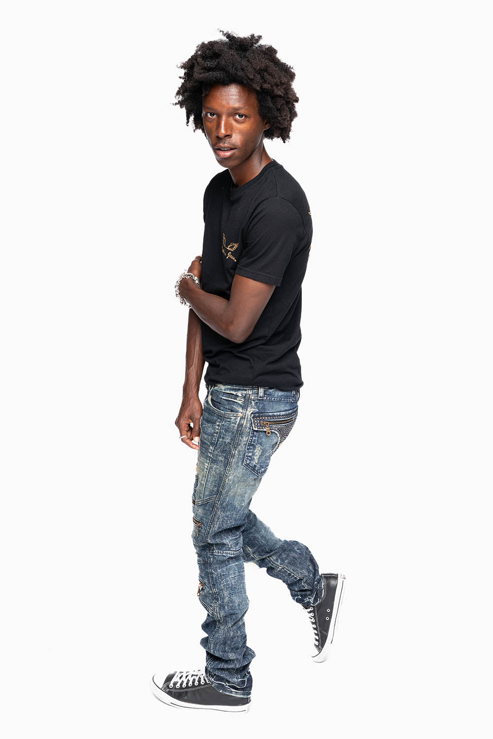 MENS BIKER JEANS WITH FLAP IN 4D DARK BROKEN BACKING  EMBELLISHED WITH CRYSTALS