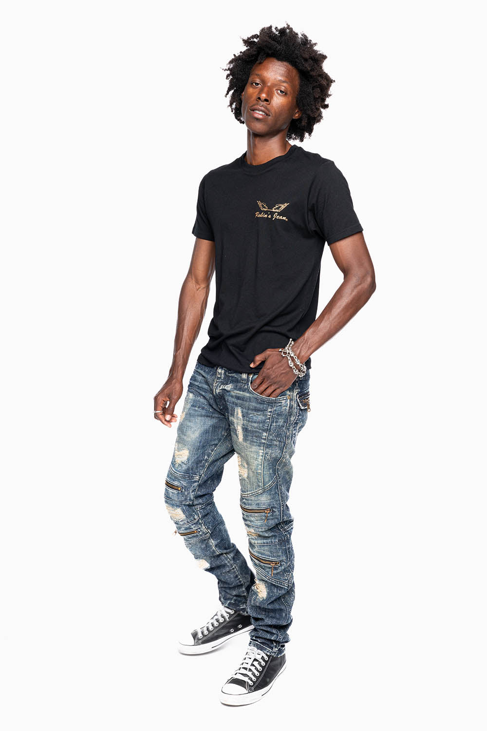 MENS BIKER JEANS WITH FLAP IN 4D DARK BROKEN BACKING  EMBELLISHED WITH CRYSTALS
