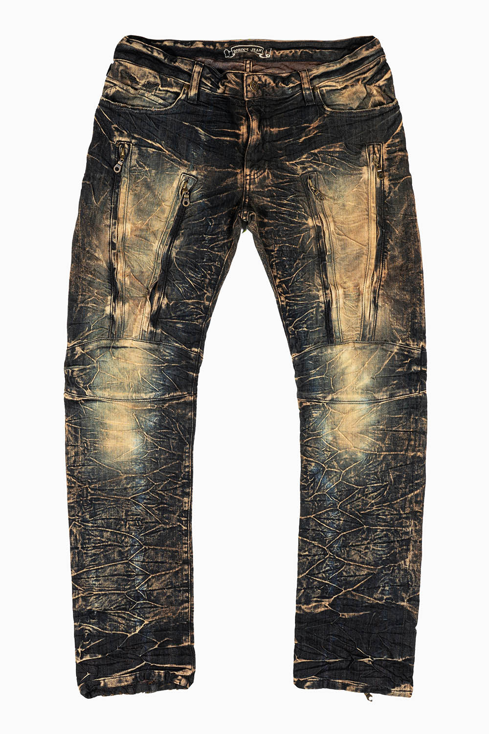 MENS MOTORCYCLE INSPIRED ZIPPERS SLIM JEANS IN 4D DARK PERU WASH