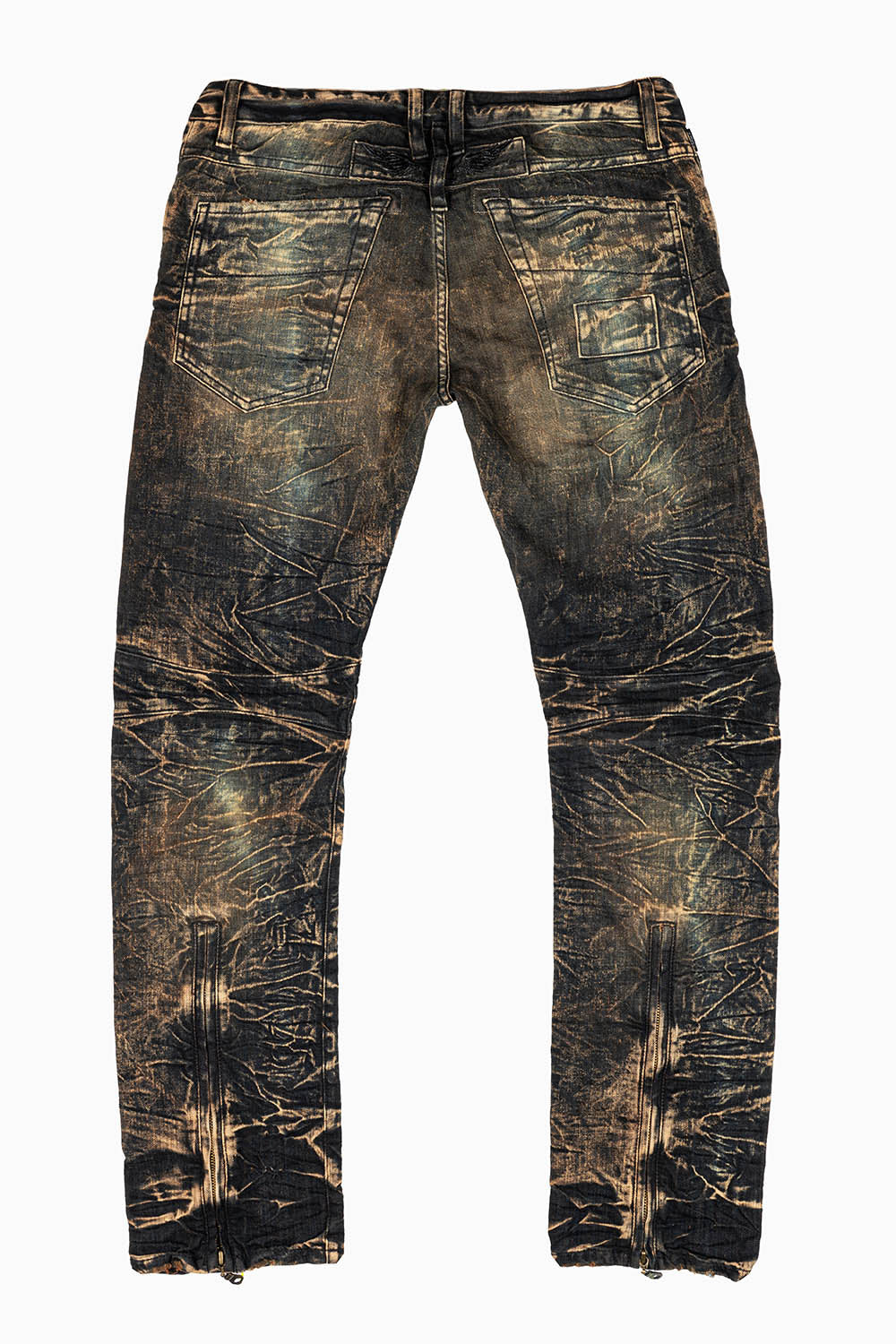 MENS MOTORCYCLE INSPIRED ZIPPERS SLIM JEANS IN 4D DARK PERU WASH