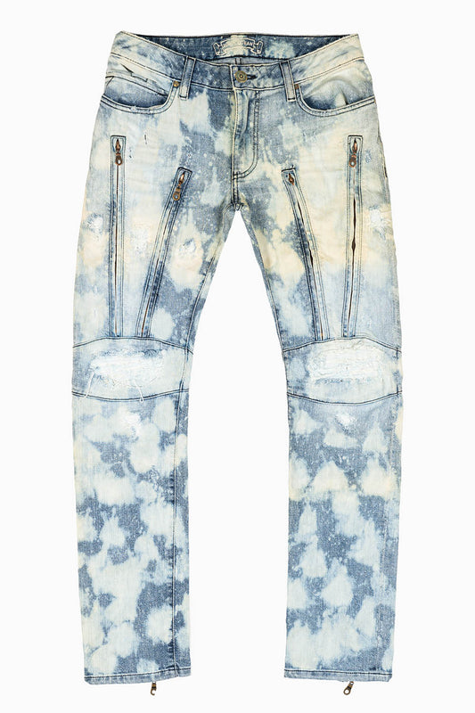MENS MOTORCYCLE INSPIRED ZIPPERS SLIM JEANS IN MARCEL INDIGO BROKEN WASH  DESCRIPTION