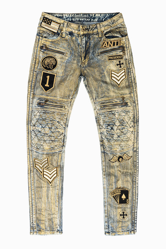 MENS BIKER JEANS IN GOOD TIME GOLD WITH PATCHES
