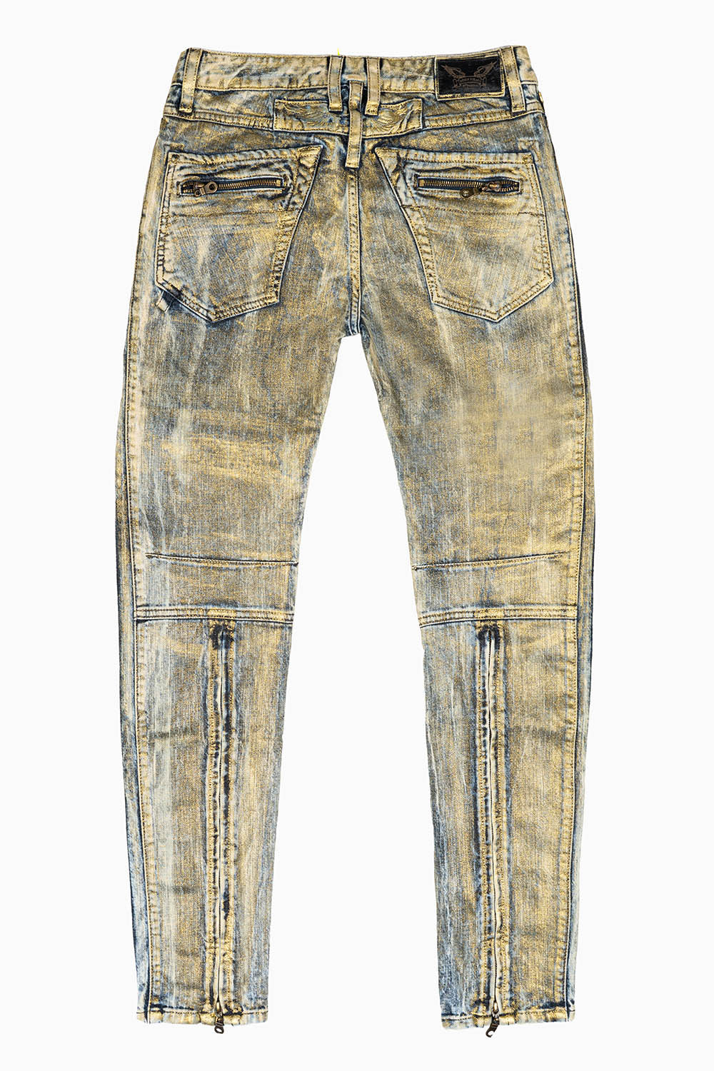 MENS BIKER JEANS IN GOOD TIME GOLD WITH PATCHES
