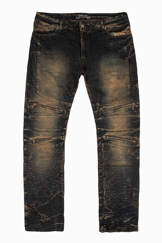 MENS MOTORCYCLE ZIPPERS SLIM JEANS IN BLUE 4D DARK OXIDO WASH