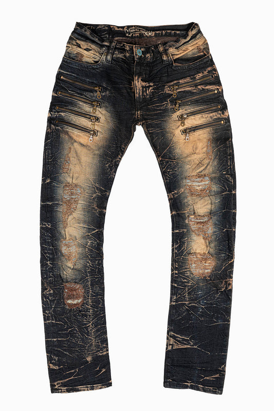MENS MOTORCYCLE ZIPPERS SLIM JEANS IN 4D DARK OXIDO BROKEN BACKING WASH