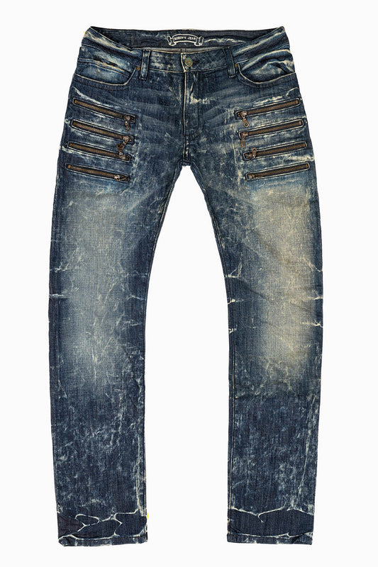 MENS MOTORCYCLE ZIPPERS SLIM JEANS IN BLUE 4D DARK WASH