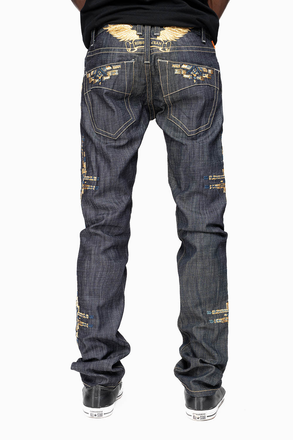 ROBIN’S MEN  SLIM JEAN IN CHAPA GOLD INDIGO RAW DENIM WITH GOLD WING AND CHAPA EMBROIDERY