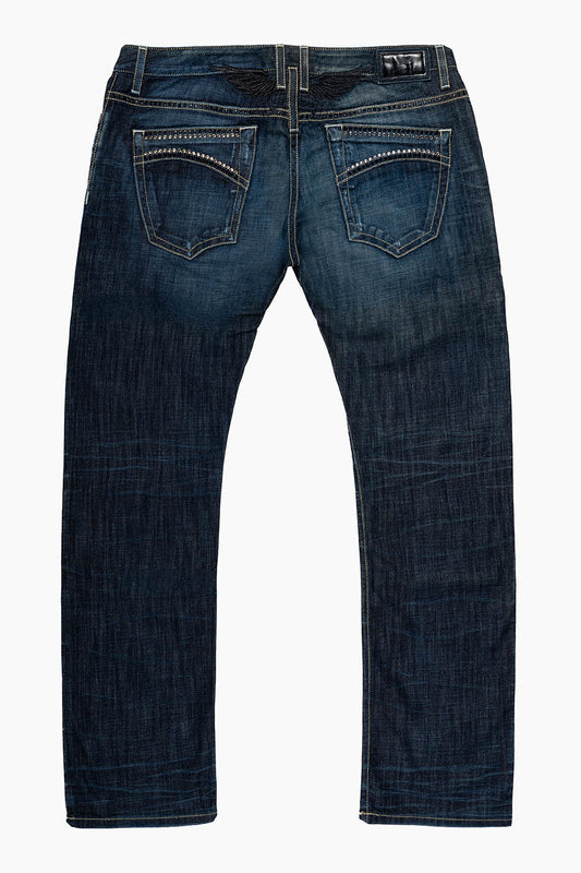 MENS CLASSIC 5 POCKET STRAIGHT LEG JEANS IN  VINTAGE DARK  WASH WITH CRYSTALS