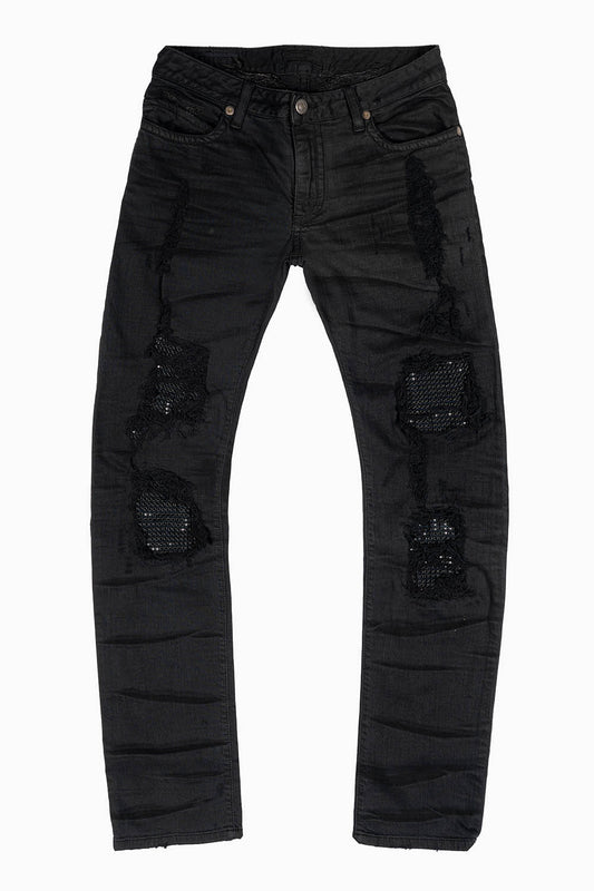 MENS SLIM FIT JEANS IN PURE BLACK EMBELLISHED WITH JET BLK CRYSTALS ON BACK POCKET AND FRONT LEGS