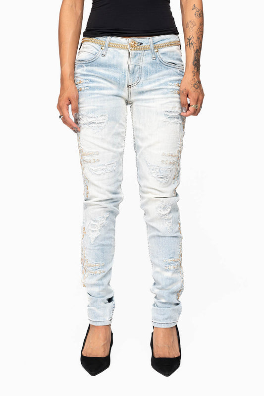 ROBIN’S WOMEN SKINNY JEAN IN CHAPA INDIGO NICOLE LIGHT BROKEN REPAIRED WITH EMBELISHMENT