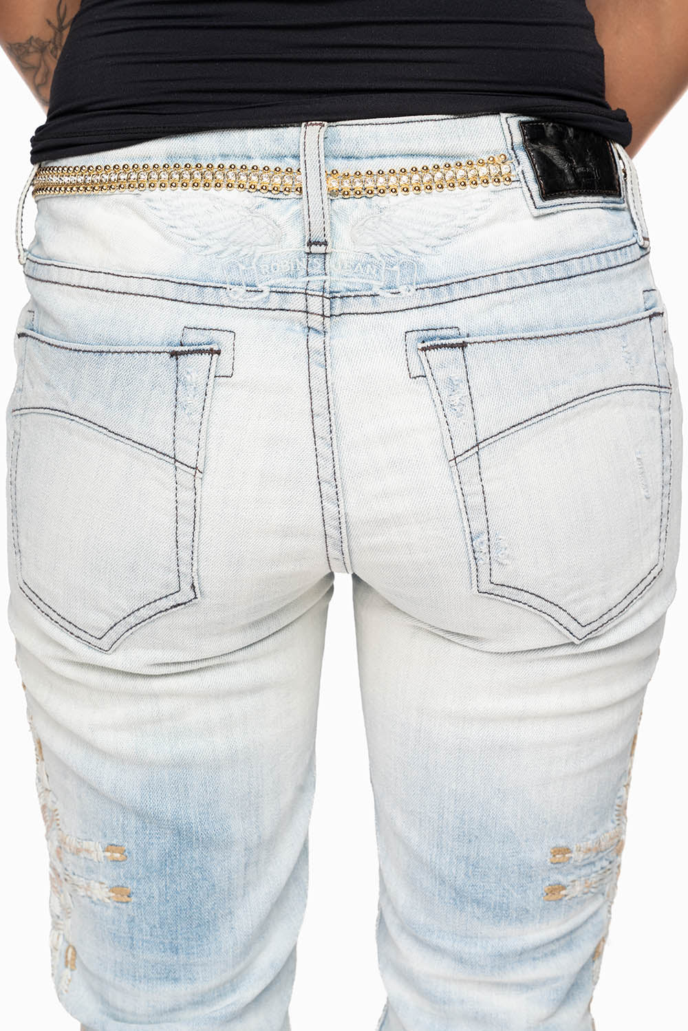 ROBIN’S WOMEN SKINNY JEAN IN CHAPA INDIGO NICOLE LIGHT BROKEN REPAIRED WITH EMBELISHMENT