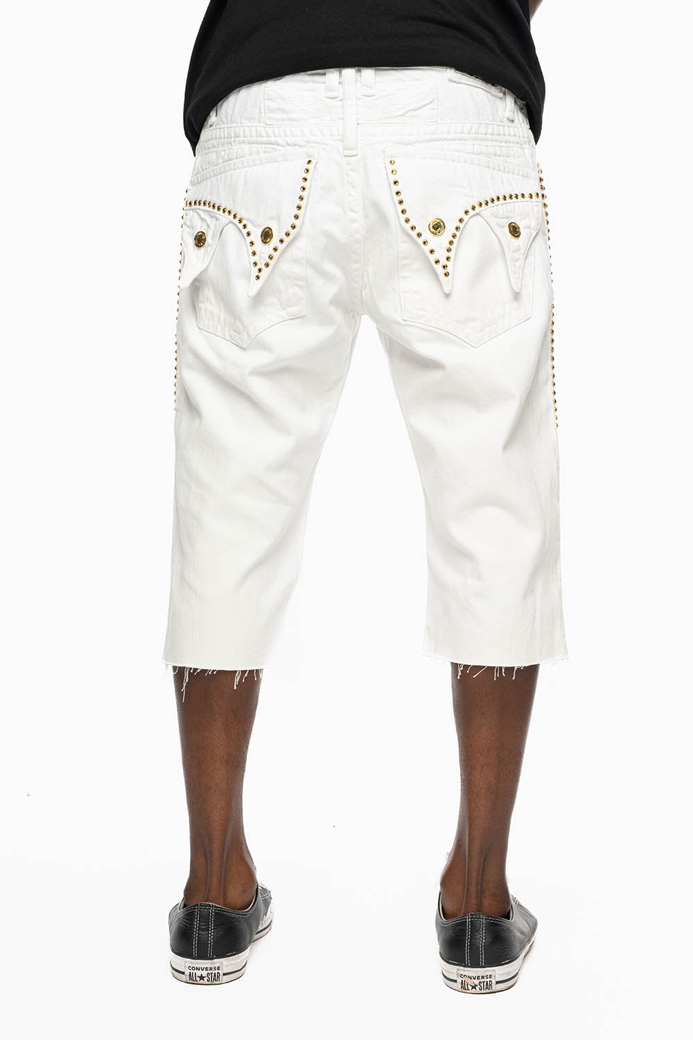 MENS DOUBLE FLAP DESTROYED SHORTS IN WHITE WASH WITH BLK DIAMOND CRYSTALS