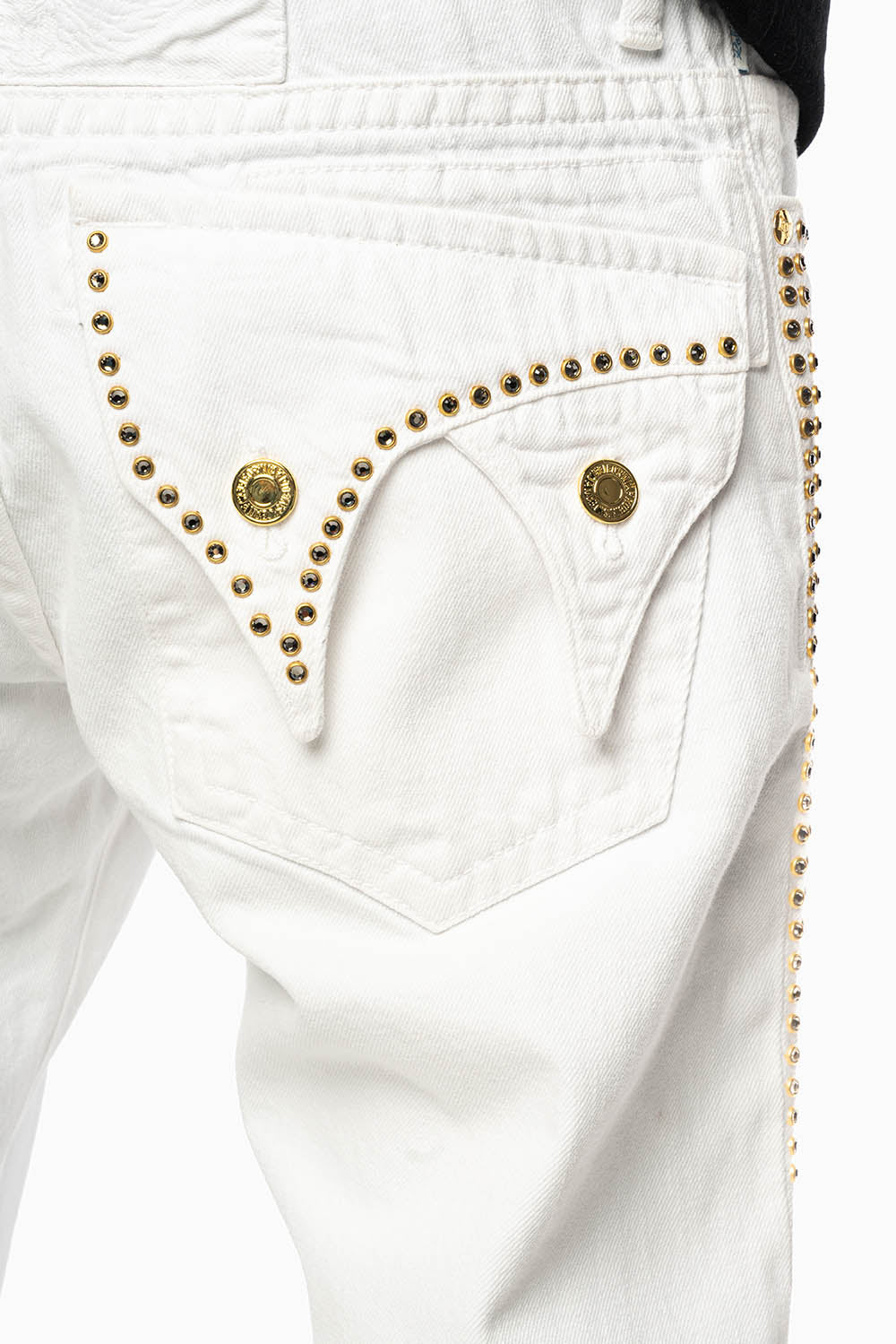 MENS DOUBLE FLAP DESTROYED SHORTS IN WHITE WASH WITH BLK DIAMOND CRYSTALS