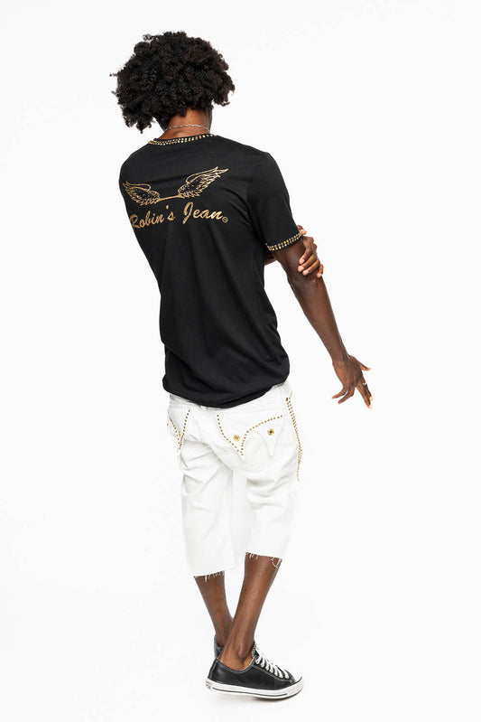 MENS DOUBLE FLAP DESTROYED SHORTS IN WHITE WASH WITH BLK DIAMOND CRYSTALS