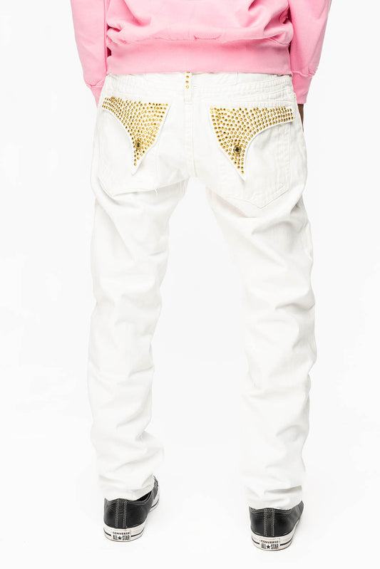 MENS LONG FLAP SLIM JEANS WITH FULL AURUM CRYSTALS IN PURE WHITE DNM