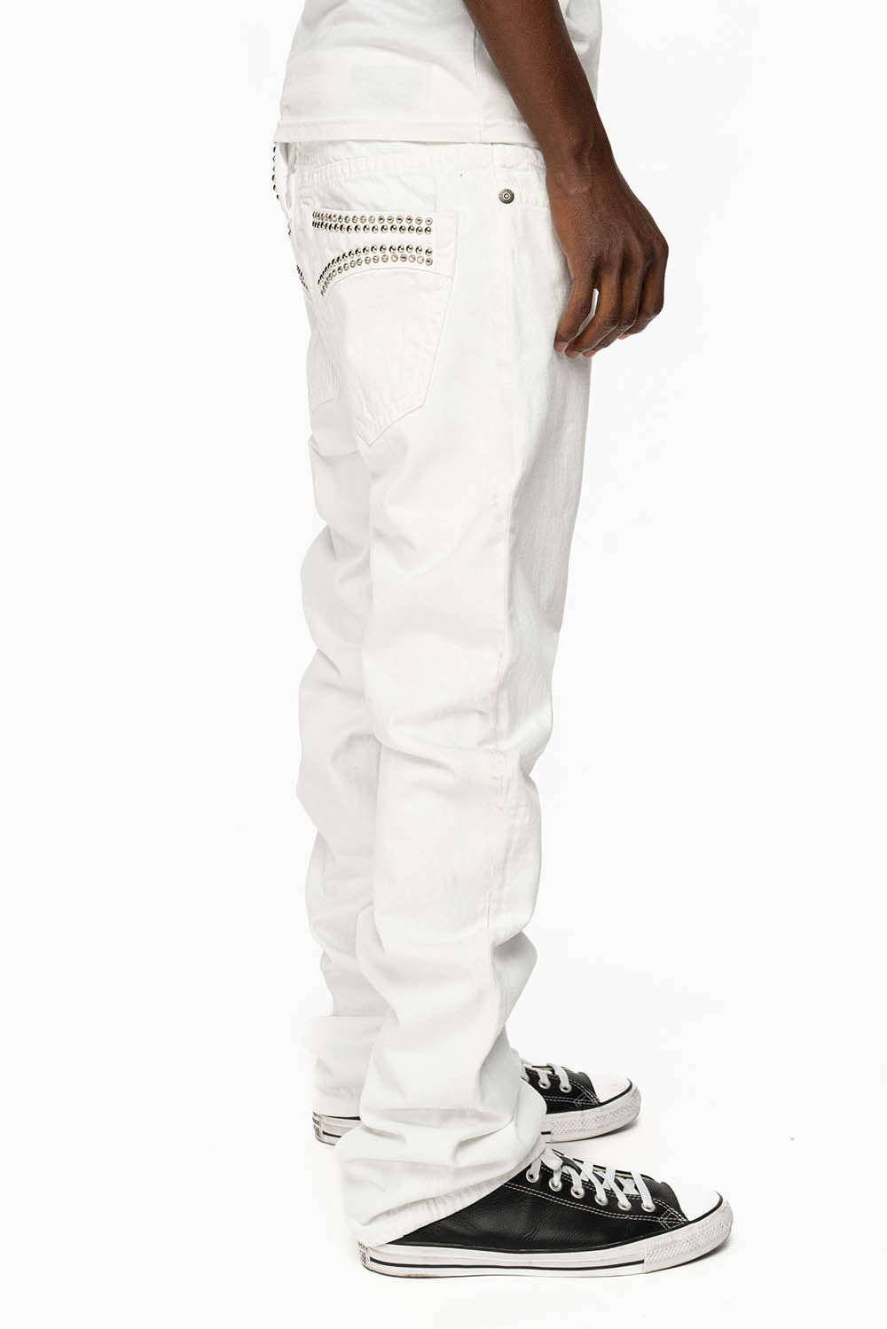 MENS CLASSIC 5 POCKET STRAIGHT LEG JEANS IN WHITE WITH STUDS AND CRYSTALS