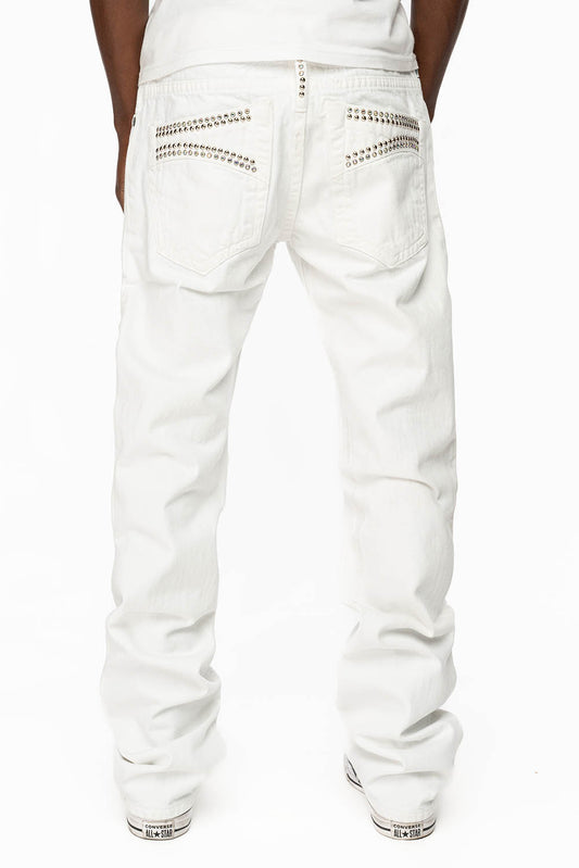 MENS CLASSIC 5 POCKET STRAIGHT LEG JEANS IN WHITE WITH STUDS AND CRYSTALS