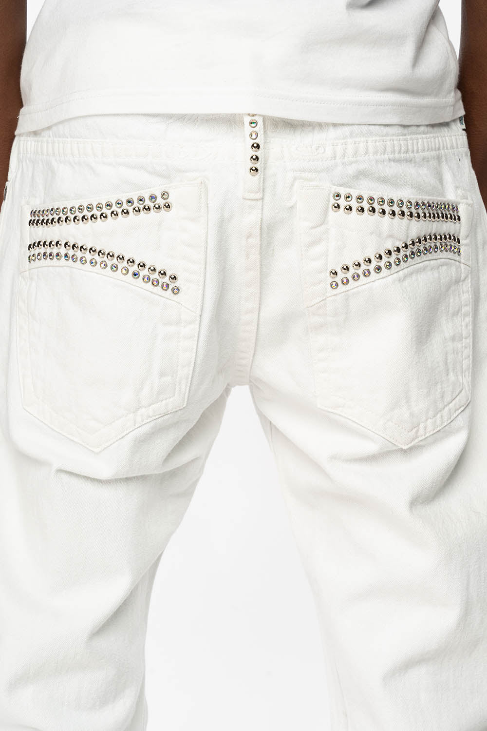 MENS CLASSIC 5 POCKET STRAIGHT LEG JEANS IN WHITE WITH STUDS AND CRYSTALS