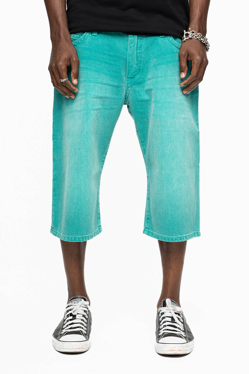 MENS SHORTS WITH KILLER FLAP POCKETS IN SULFUR TEAL WASH WITH XL BLK DIAMOND CRYSTALS