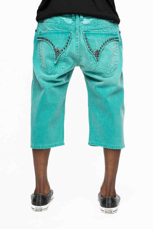 MENS SHORTS WITH KILLER FLAP POCKETS IN SULFUR TEAL WASH WITH XL BLK DIAMOND CRYSTALS