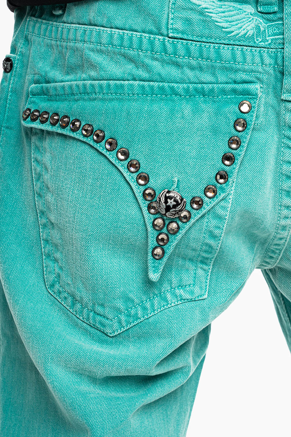 MENS SHORTS WITH KILLER FLAP POCKETS IN SULFUR TEAL WASH WITH XL BLK DIAMOND CRYSTALS