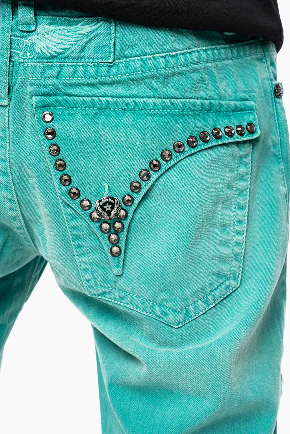 MENS SHORTS WITH KILLER FLAP POCKETS IN SULFUR TEAL WASH WITH XL BLK DIAMOND CRYSTALS