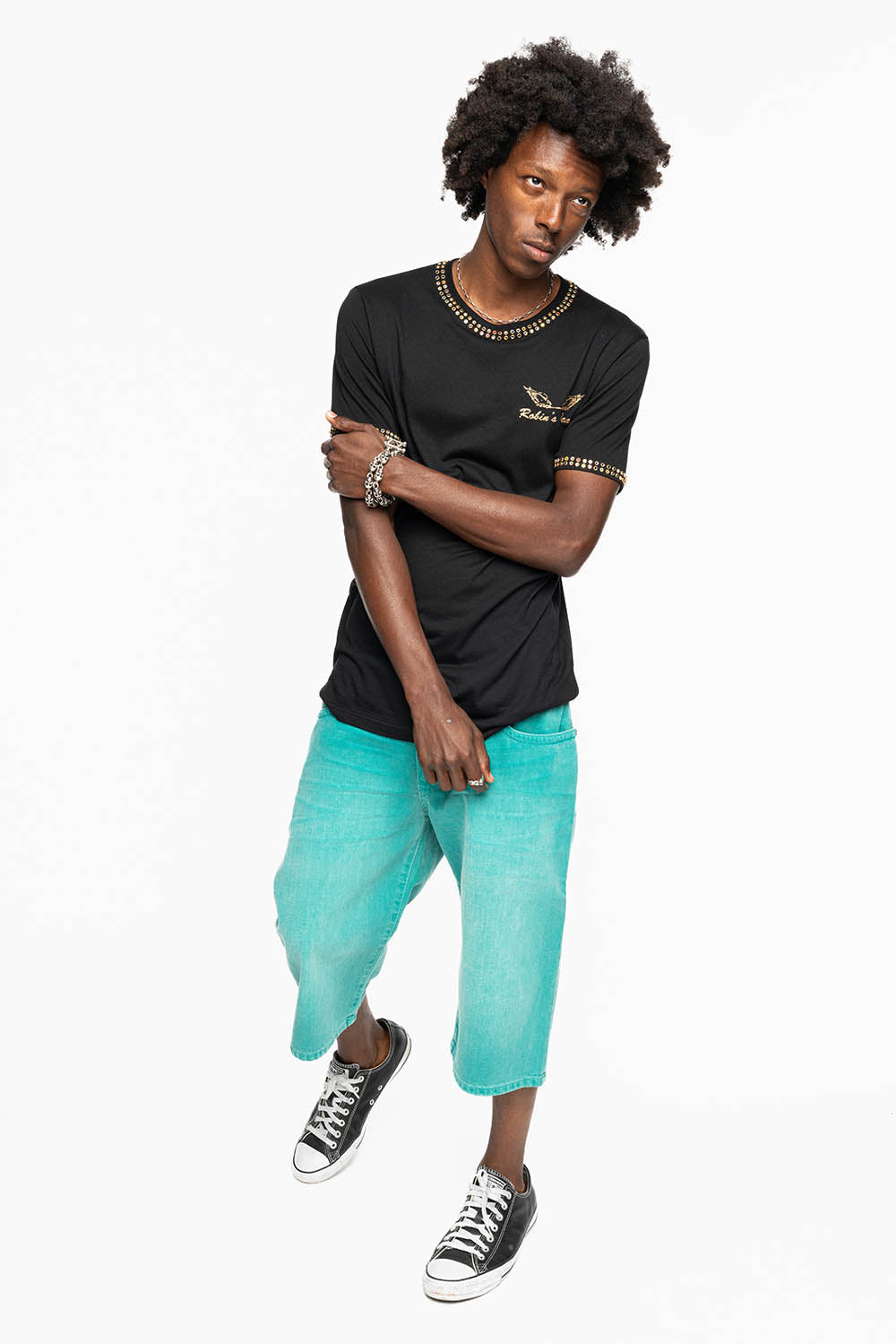 MENS SHORTS WITH KILLER FLAP POCKETS IN SULFUR TEAL WASH WITH XL BLK DIAMOND CRYSTALS