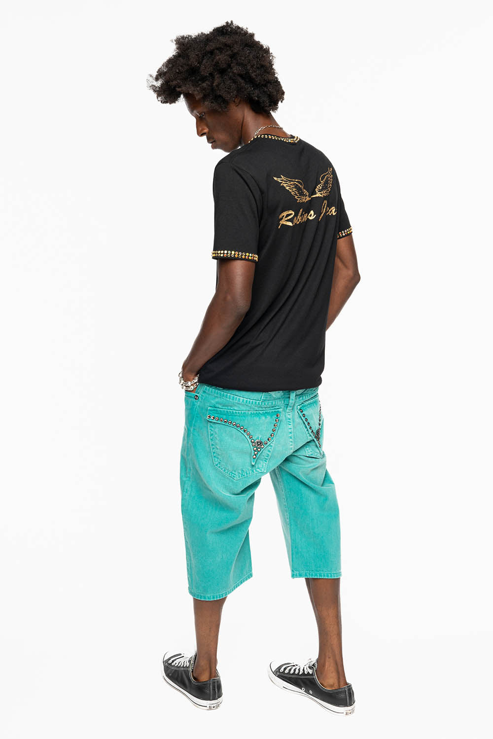 MENS SHORTS WITH KILLER FLAP POCKETS IN SULFUR TEAL WASH WITH XL BLK DIAMOND CRYSTALS