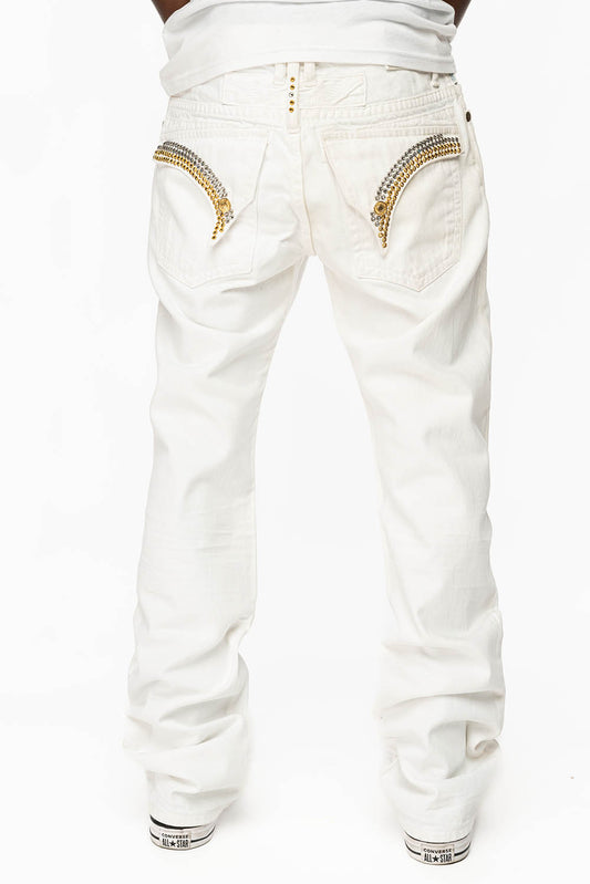 KILLER FLAP STRAIGHT LEG JEANS WITH  CRYSTALS  IN WHITE DNM