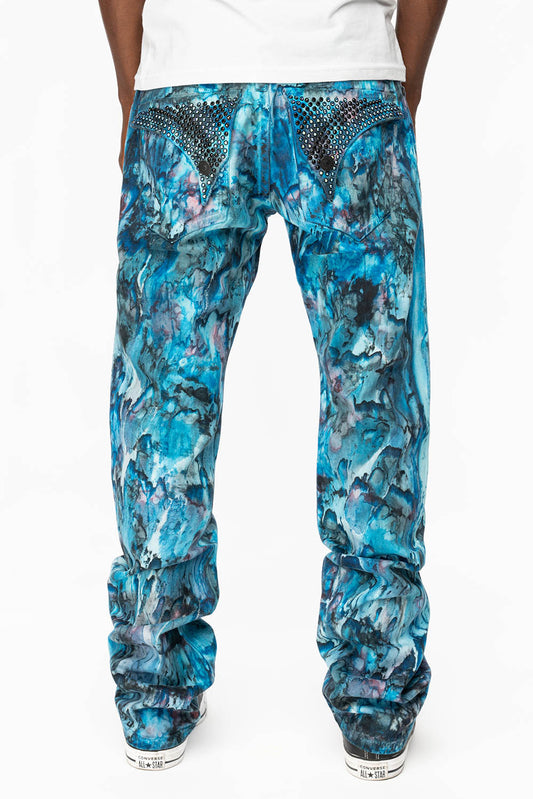 MENS CLASSIC STRAIGHT LEG LONG FLAP JEANS IN WATER INK BLUE WITH CRYSTALS