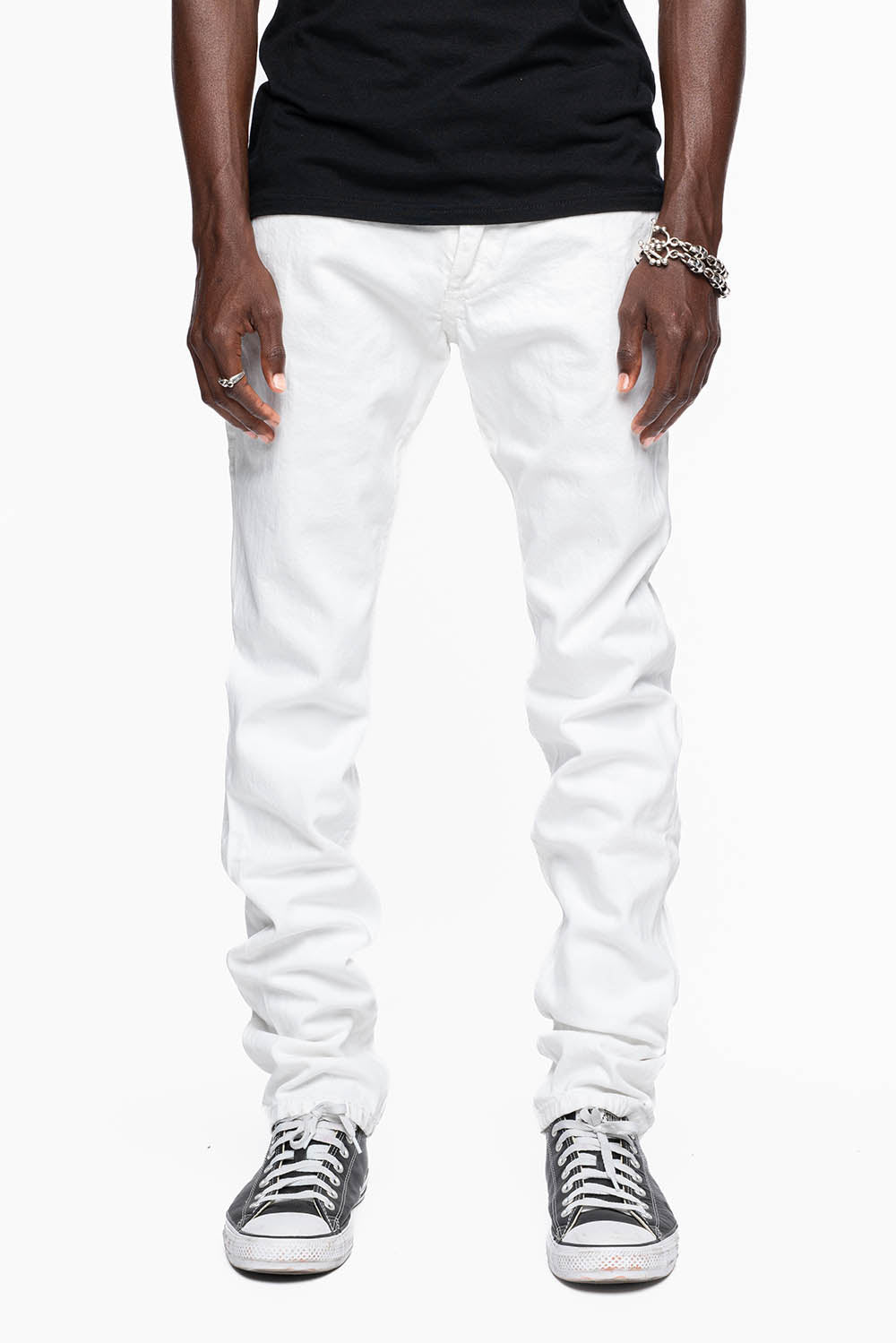 MENS LONG FLAP SLIM JEANS IN WHITE  EMBELLISHED WITH GOLD CRYSTALS