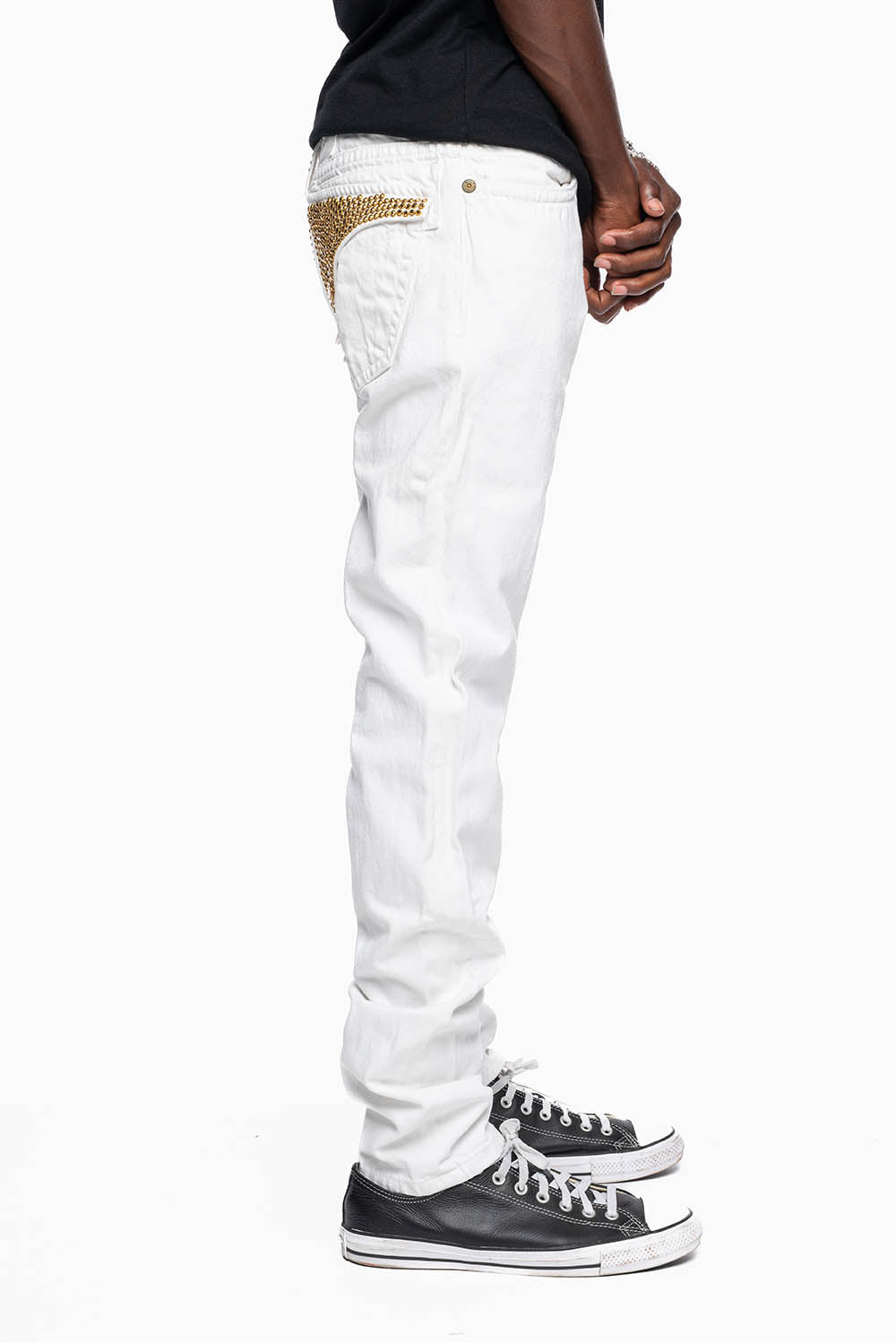 MENS LONG FLAP SLIM JEANS IN WHITE  EMBELLISHED WITH GOLD CRYSTALS