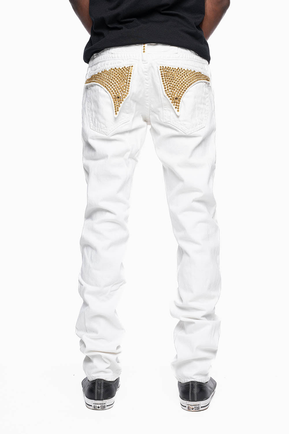 MENS LONG FLAP SLIM JEANS IN WHITE  EMBELLISHED WITH GOLD CRYSTALS