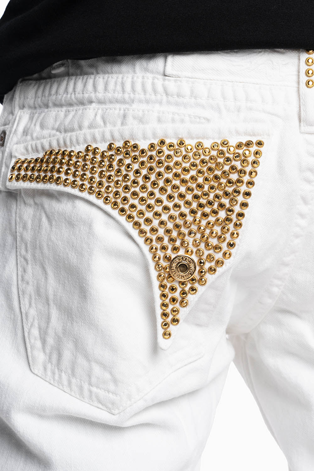 MENS LONG FLAP SLIM JEANS IN WHITE  EMBELLISHED WITH GOLD CRYSTALS