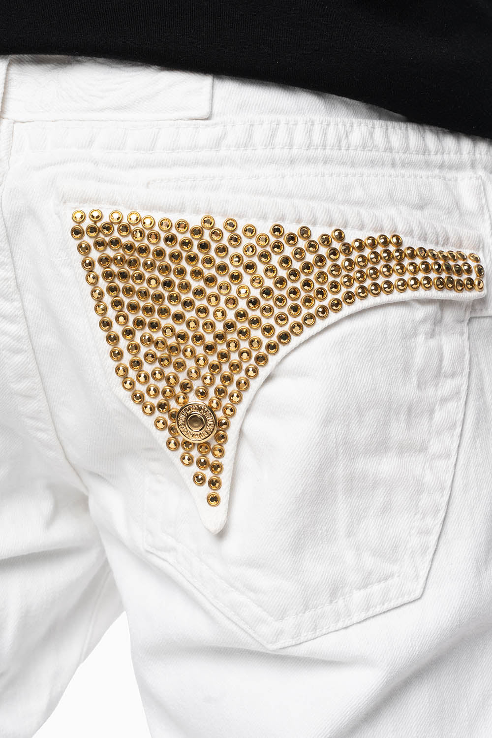 MENS LONG FLAP SLIM JEANS IN WHITE  EMBELLISHED WITH GOLD CRYSTALS